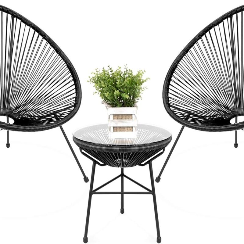 Best Choice Products 3-Piece Outdoor Acapulco All-Weather Patio Conversation Bistro Set w/Plastic Rope, Glass Top Table and 2 Chairs - Black