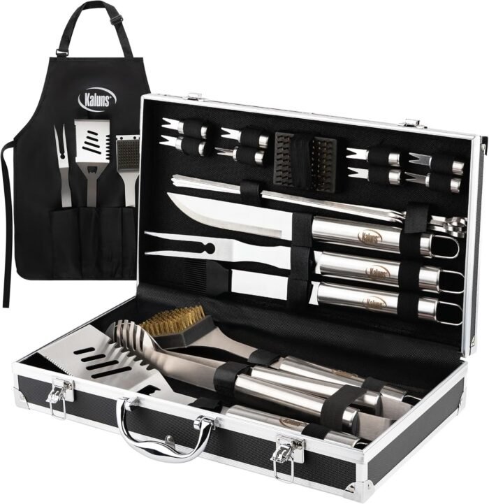 Kaluns BBQ Accessories Grill Tools, Mens Valentines Gifts for Him, Heavy Duty Stainless Steel Barbecue Grill Accessories for Outdoor Grill with Aluminum Case and Apron, Grilling Gifts for Men Dad