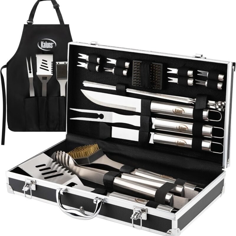 Kaluns BBQ Accessories Grill Tools, Mens Valentines Gifts for Him, Heavy Duty Stainless Steel Barbecue Grill Accessories for Outdoor Grill with Aluminum Case and Apron, Grilling Gifts for Men Dad