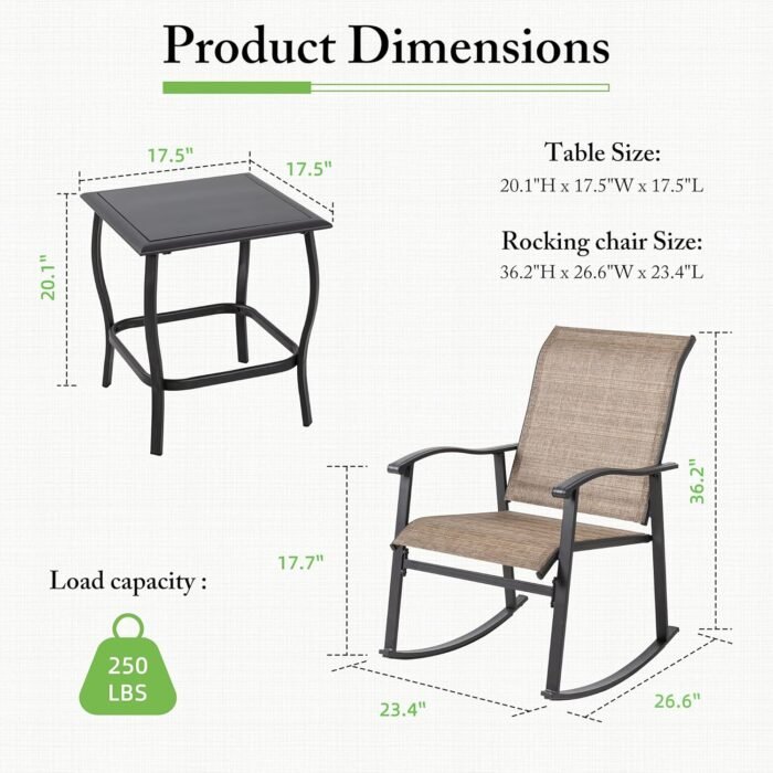 Shintenchi 3 Piece Rocking Bistro Set, Outdoor Furniture with Rocker Chairs and Glass Coffee Table Set of 3, Balcony, Porch Furniture for Small Space, Brown - Image 6