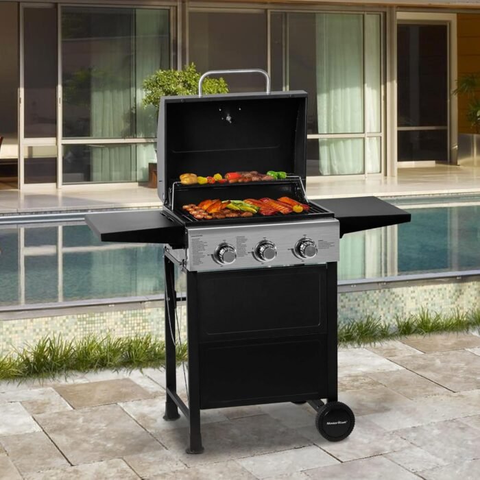MASTER COOK 3 Burner BBQ Propane Gas Grill, Stainless Steel 30,000 BTU Patio Garden Barbecue Grill with Two Foldable Shelves - Image 7