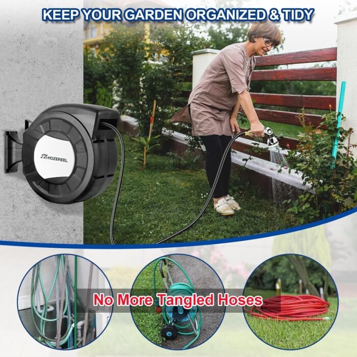 100ft Retractable Garden Hose Reel by HOZEREEL, 1/2" Hybrid Rubber Hose, Water Hose Reels Automatic Rewind Storage, 10 Patterns Nozzle Included - Image 6