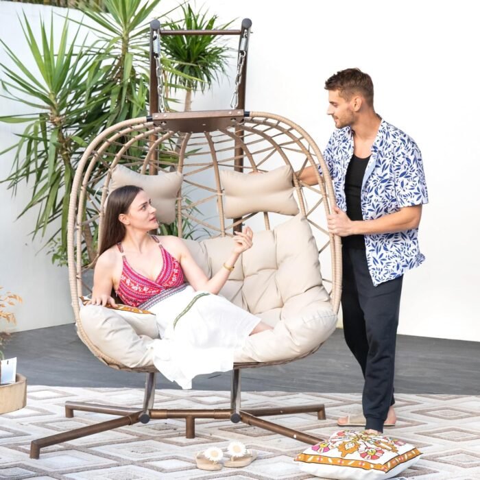 NICESOUL® Double Swing Egg Chair with Stand, Extra Large 2 Person Indoor Outdoor Wicker Patio Loveseat Basket Hanging Chair with Beige Cushions, 510 Lbs Capacity for Bedroom Balcony Oversized - Image 3