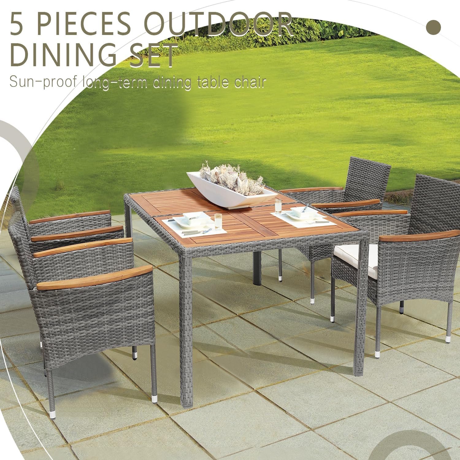 5 Piece Outdoor Patio Table and Chairs Set of 6 Outdoor Dining Set for 6 Patio Dining Sets Patio Furniture Back Yard Outdoor Furniture Set for Outside Patio Garden Poolside Deck,Grey - Image 5