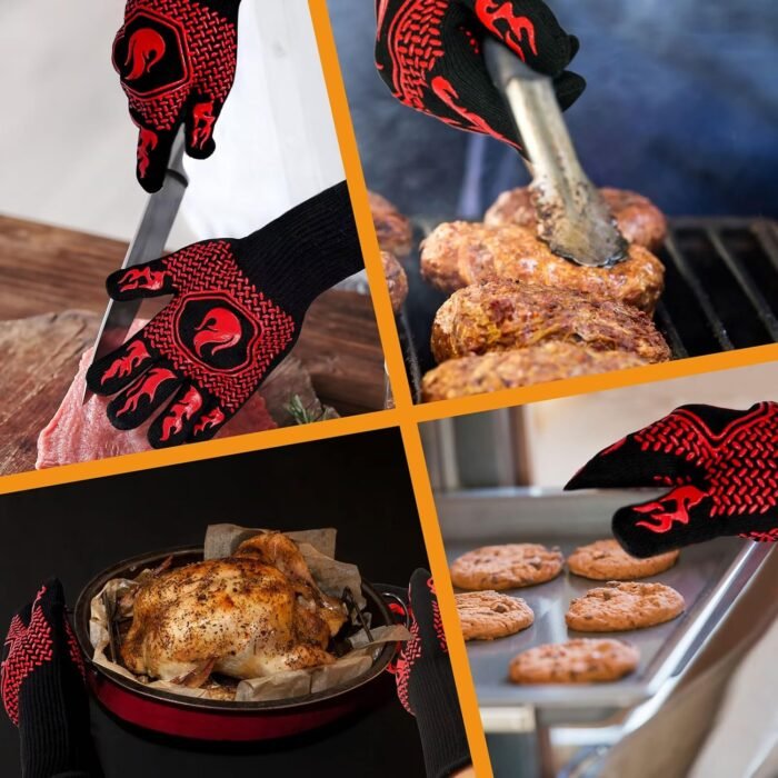 BBQ Fireproof Gloves, Grill Cut-Resistant Gloves 1472°F Heat Resistant Gloves, Non-Slip Silicone Oven Gloves, Kitchen Safe Cooking Gloves for Oven Mitts,Barbecue,Cooking, Frying,13.5 Inch-Red - Image 5