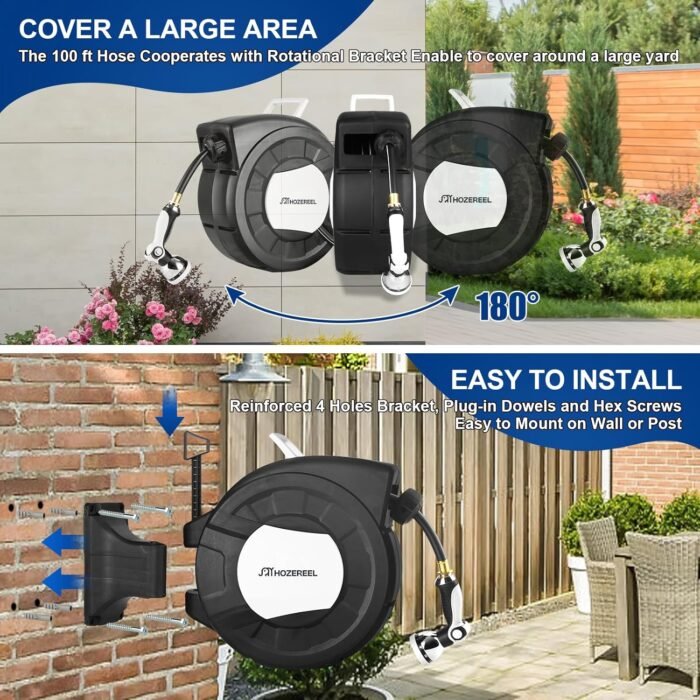 100ft Retractable Garden Hose Reel by HOZEREEL, 1/2" Hybrid Rubber Hose, Water Hose Reels Automatic Rewind Storage, 10 Patterns Nozzle Included - Image 5