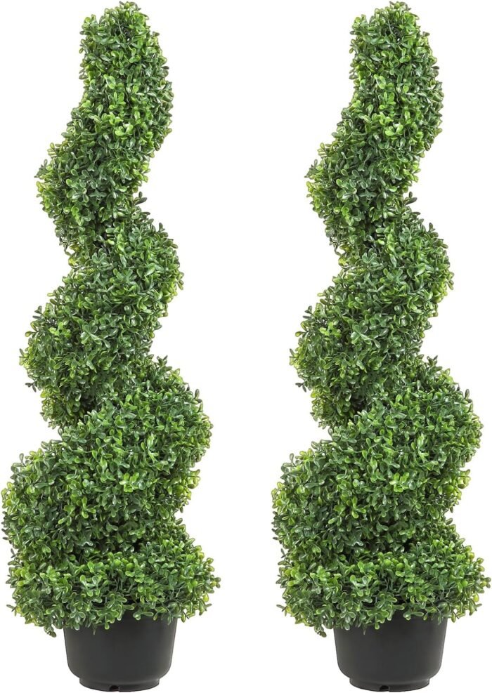 VEVOR Artificial Boxwood Spiral Topiary Trees, 4ft Tall (2 Pieces) Faux Plant Outdoor, All-Year Green Fake Plant with Replaceable Leaves for Decorative/Indoor/Porch/Garden