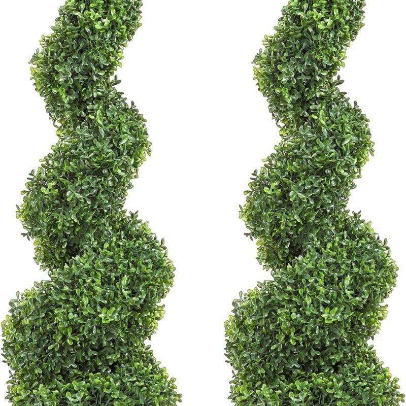 VEVOR Artificial Boxwood Spiral Topiary Trees, 4ft Tall (2 Pieces) Faux Plant Outdoor, All-Year Green Fake Plant with Replaceable Leaves for Decorative/Indoor/Porch/Garden