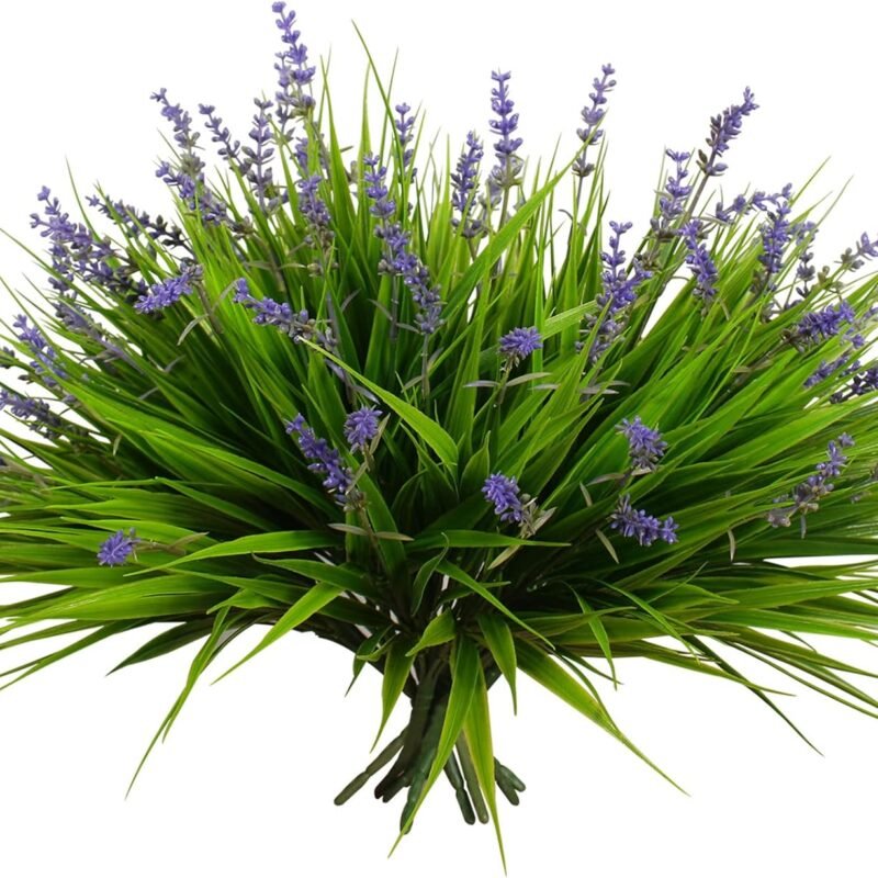 12 Bundles Artificial Plants Outdoor Fake Monkey Grass with Flowers for Pot UV Resistant Plant Decor for Window Garden Patio Hanging Planter Pathway Front Porch (Grass with Flowers)