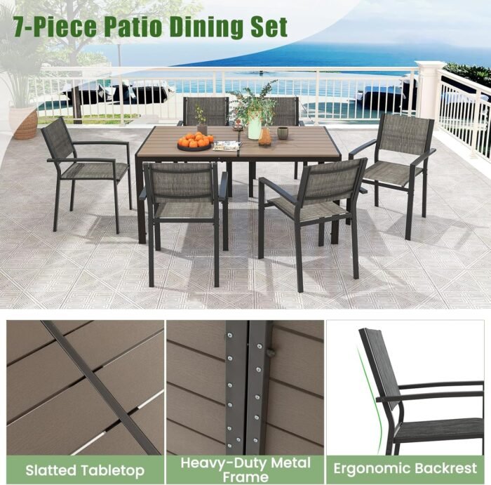 Tangkula 7 Piece Outdoor Dining Set, Patio Furniture Set w/ 6 Stackable Chairs & Large Rectangle Table, Dining Table Set for 6, Backyard, Porch, Garden, Poolside (Gray) - Image 7