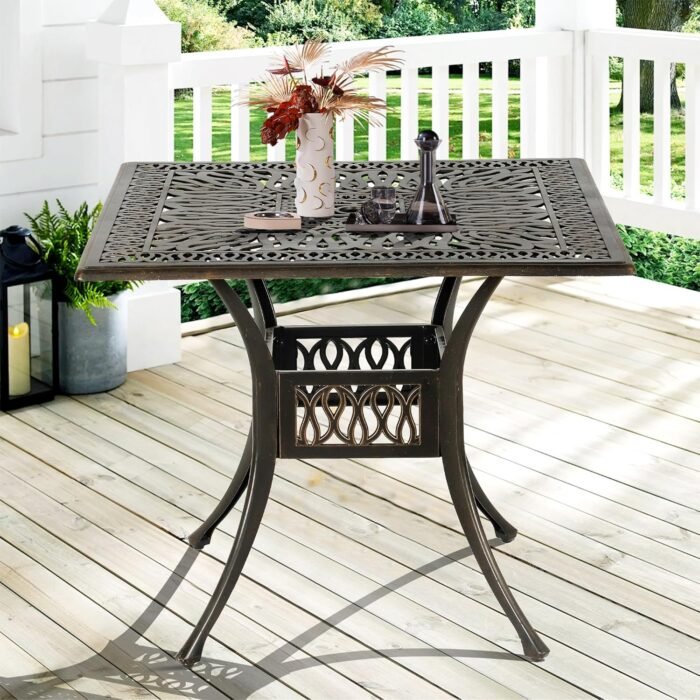 35.4in Square Cast Aluminum Patio Bistro Table, Outdoor Dining Table with 2" Umbrella Hole, Weather-Resistant Table for Porch, Backyard, Garden, Balcony, Bronze (35.4" Square Table) - Image 2