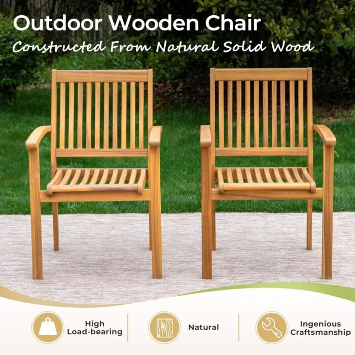 Acacia Wood Outdoor Dining Set, 9 Pieces Patio Dining Table and Chairs Set, Expandable Dining Table(1.97" Umbrella Hole) and 8 Wooden Chairs, Patio Furniture Set for Deck Poolside Backyard - Image 4