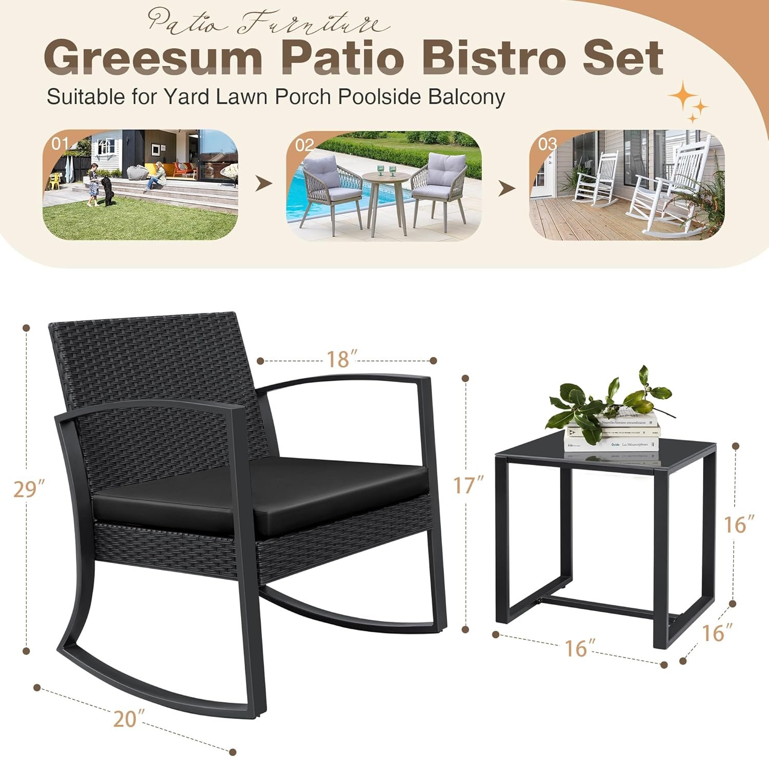 Greesum 3 Pieces Outdoor Furniture Set Patio Bistro Rocking Chairs and Glass Coffee Table, Black, Modern - Image 3