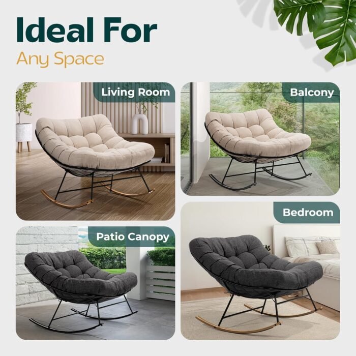 Bme Patio Rocking Chair Outdoor & Indoor, Metal Patio Lounge Rocking Chair with Thick Cushion, Comfy Modern Rocker Chair for Living Room, Porch, Backyard, Beige Cushion - Black Matte Rocker - Image 5