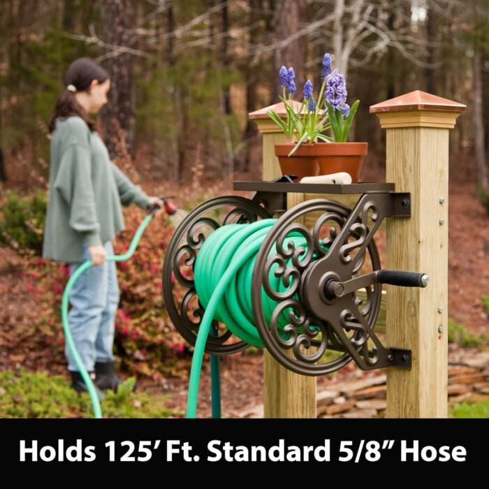 Liberty Garden 708 Steel Decorative Wall Mount Garden Hose Reel, Holds 125-Feet of 5/8-Inch Hose - Bronze - Image 4