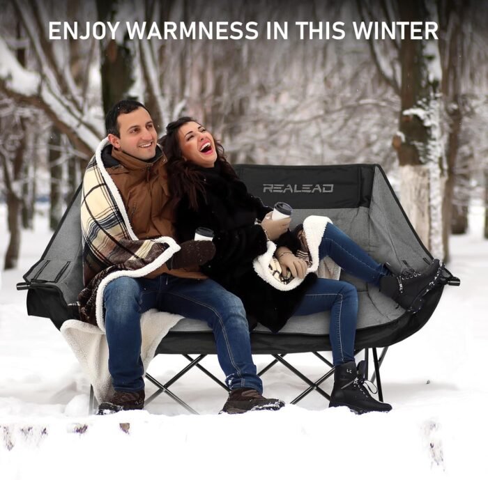 REALEAD Heated Double Camping Chair, 3 Heat Levels and 4 Heating Zones, Portable Heated Loveseat Chair for Outdoor Sports Support 650lbs, Heated Folding Chairs for Outside, Battery NOT Included - Image 7