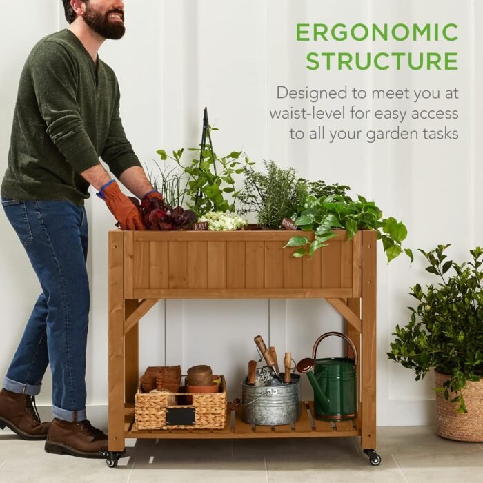 Best Choice Products Elevated 8 Pocket Herb Garden Bed, Mobile Raised Customizable Wood Planter for Herbs, Vegetables, Flowers w/Lockable Wheels, Storage Shelf, Drainage Holes - Acorn Brown - Image 5