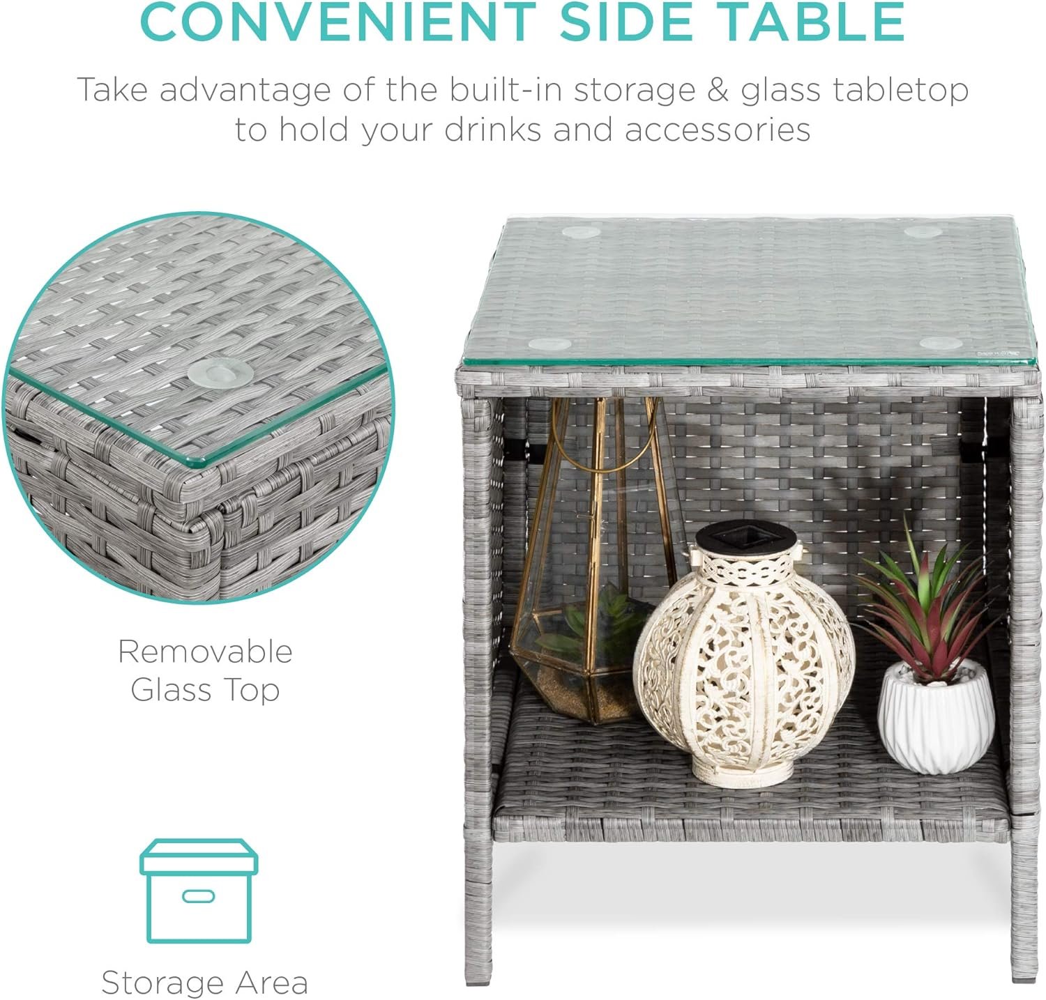 Best Choice Products 3-Piece Outdoor Wicker Conversation Bistro Set, Space Saving Patio Furniture for Garden w/Side Table - Gray/Navy - Image 3