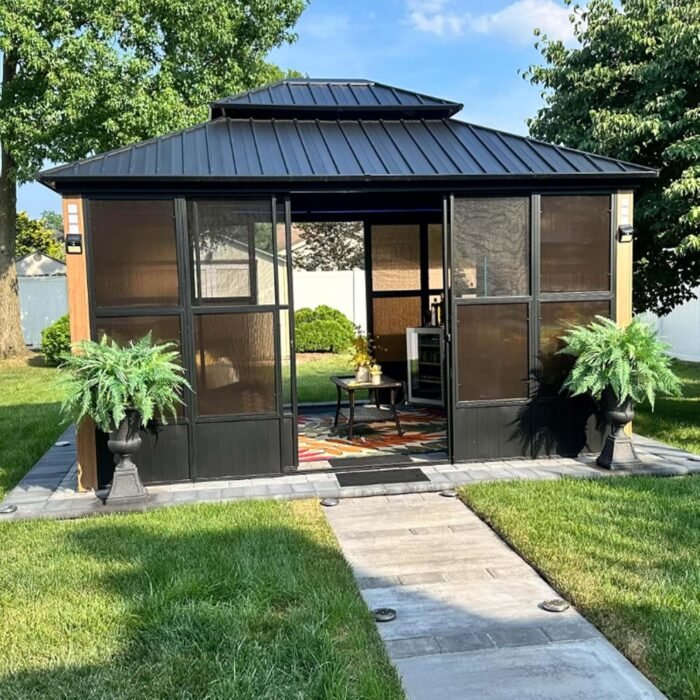 PURPLE LEAF 12' X 14' Patio Hardtop Gazebo Double Top Outdoor Screen House Aluminum Solarium Backyard Sun Room with Detachable Windows - Image 2