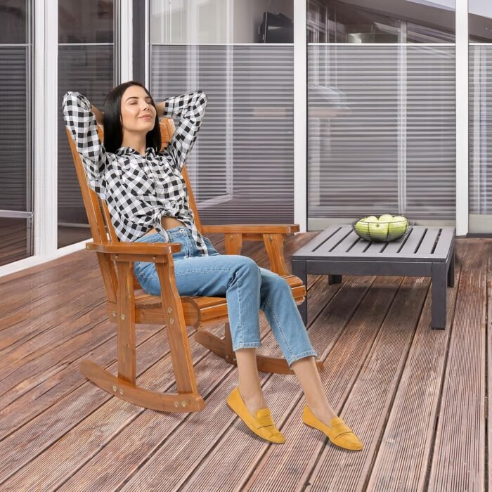 VINGLI Heavy Duty 600 LBS Outdoor Wooden Rocking Chair with Higher Backrest,Patio Rocking Chair with Ergonomic Design, Weatherproof Outdoor Rockers Suit for Patio, Garden, Balcony, Yard - Image 7