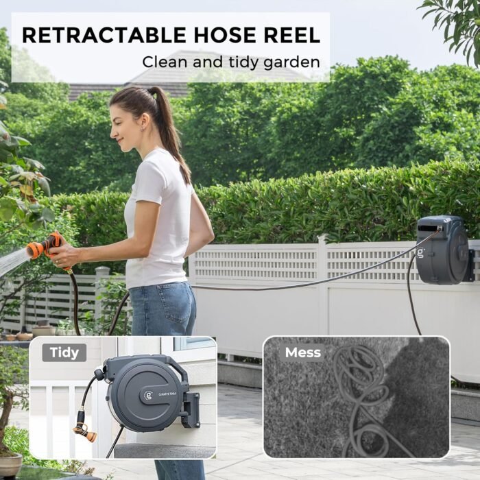 Giraffe Tools AW405/8MB Retractable Garden Hose Reel 5/8" x 90 ft PRO Metal Bracket, Heavy Duty, Any Length Lock Hose Reel, 90ft, Dark Grey - Image 3