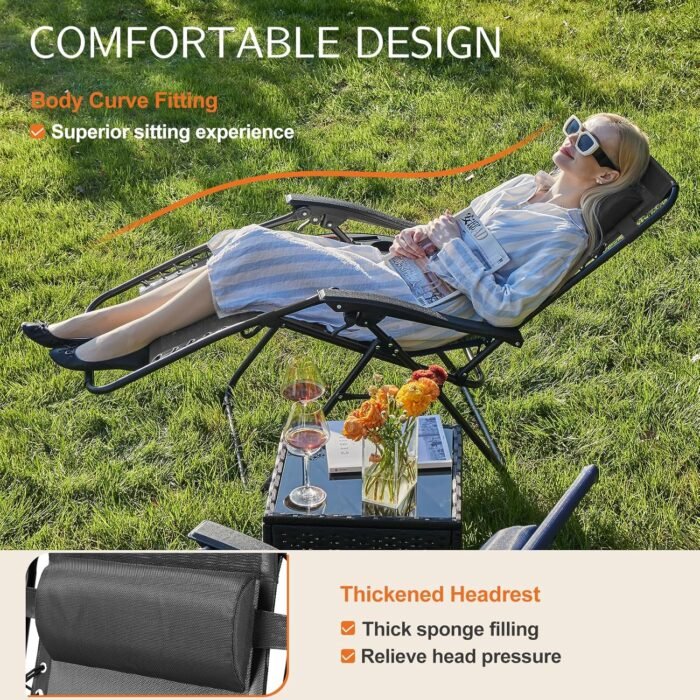 Sweetcrispy Zero Gravity Chairs, Set of 2 Portable Recliner Beach Camping Patio Outdoor Folding Lounge Chair with Cup Holder Trays and Adjustable Pillow for Poolside, Garden, Backyard, Lawn (Black) - Image 3