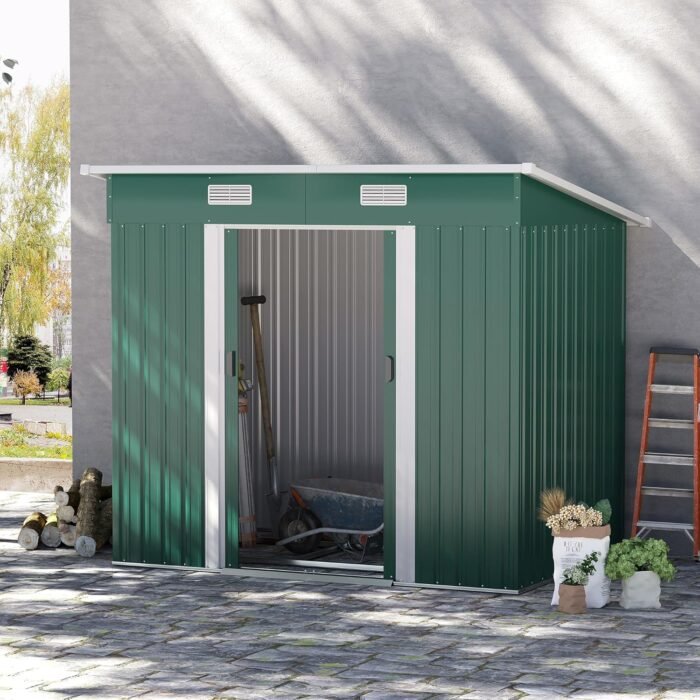 Outsunny 7' x 4' Outdoor Storage Shed, Galvanized Metal Utility Garden Tool House, Lockable Door for Backyard, Bike, Patio, Garage, Lawn, Dark Green - Image 2