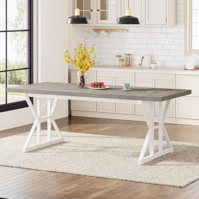 Tribesigns Farmhouse Dining Table for 6 People, 70.8-Inch Rectangular Wood Dining Table, Rustic Kitchen Table with Heavy Duty Metal Legs for Dining Room(Grey) - Image 3