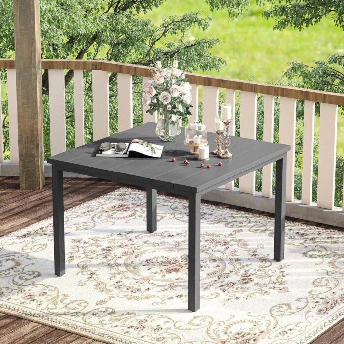 VICLLAX 40.2" Square Patio Dining Table for 4, Outdoor Table with Umbrella Hole, All Weather Metal Patio Table for Lawn Garden, Grey Tabletop - Image 2