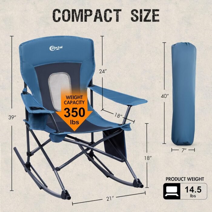 PORTAL Folding Rocking Chair Portable Camping Rocker for Adults Outdoor Lawn Garden with Cup Holder Side Pocket Carry Bag, Supports 350 LBS (Mesh Blue) - Image 3