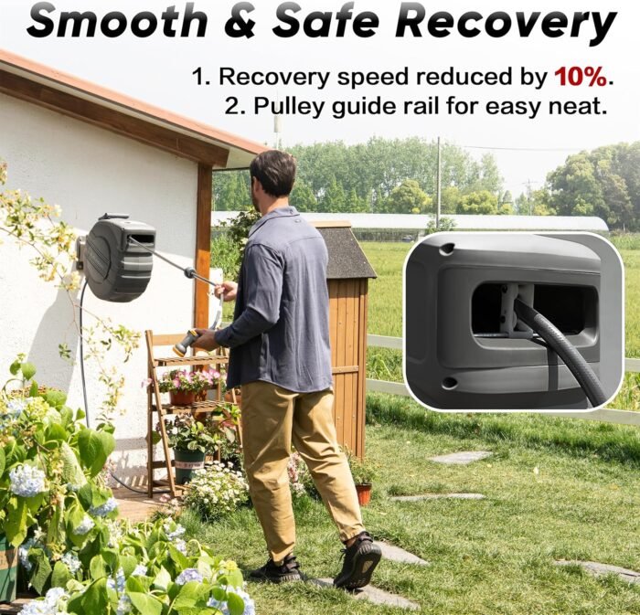 Retractable Garden Hose Reel 1/2 in x 100 ft Upgraded UV Resistant Heavy Duty Automatic Hose Reel Wall Mount 3/4 in Brass Fitting 9 Pattern Nozzle Any Length Lock Slow Retraction 180° Swivel - Image 5