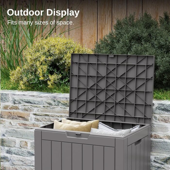 EAST OAK Outdoor Storage Box, 31 Gallon Deck Box Indoor and Outdoor Use, Waterproof Resin Storage Bin for Package Delivery, Patio Cushions, Gardening Tools, Lockable, UV Resistant, Grey - Image 6