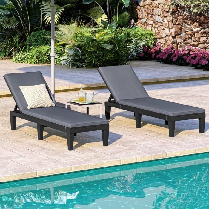 DWVO Outdoor Chaise Lounge with Cushion, Patio Chaise Lounge Chair Set of 2 w/ 5-Level Backrest, Lounge Chair for Garden, Pool, Beach and Patio, Easy Assembly & Lightweight (Black) - Image 2