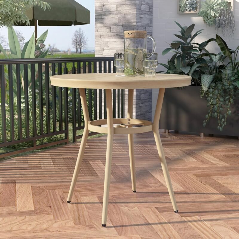 Greemotion Reluss 32-inch Round Weather Resistant Outdoor Patio Dining Table for Porch, Garden, Backyard, Poolside, Natural
