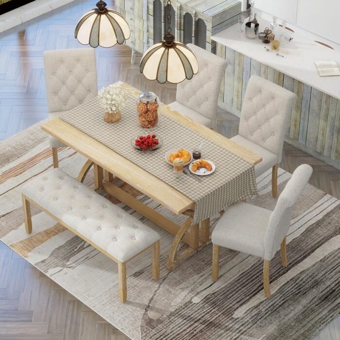 Merax 6 Pieces Wood Dining Table Set with Bench, Retro Rectangular Table with Unique Legs and 4 Upholstered Chairs & 1 Bench for Dining Room and Kitchen (Natural Wood Wash+Beige) - Image 2