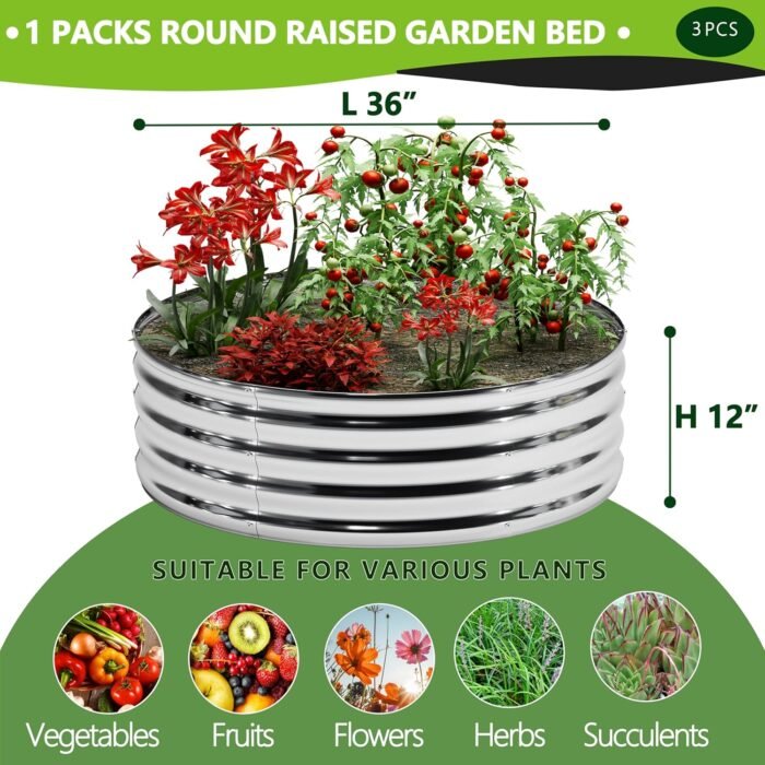3PCS 3x3x1FT Galvanized Raised Garden Bed Kit,Vegetable Boxes-Round Metal Flower Box,Large Planter Raised Beds Outdoor Garden for Planting,Fruit,Herb-Sliver - Image 2