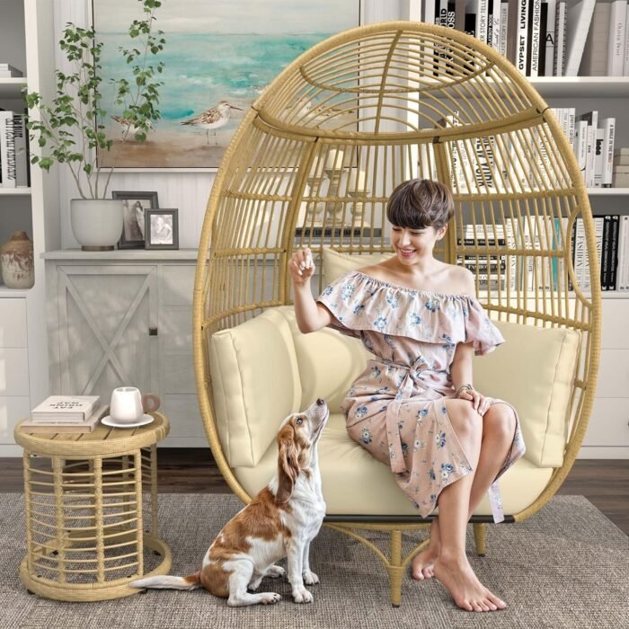YITAHOME 360° Swivel Egg Chair Outdoor, 400lbs Capacity Oversized Patio Rotating Basket Chair, All-Weather Wicker Egg Lounger Chair for Outside Indoor (Beige) - Image 6