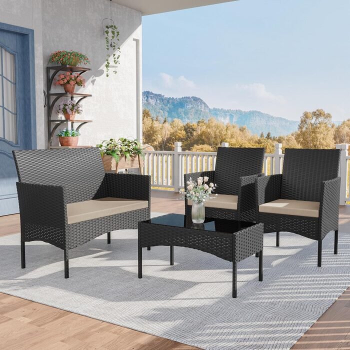 Kurapika Patio Furniture Set 4 Pieces Outdoor Wicker Rattan Chairs Conversation Sets w/Coffee Table, Rocking Bistro Set, for Patio Lawn Backyard (Sand) - Image 4