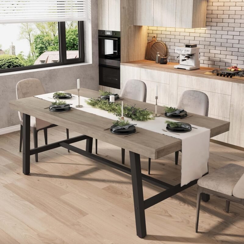 Industrial Dining Table for 6~8 People, 70.87" Long Rectangle Dining Table, Wooden Kitchen Table with Sturdy Metal Frame, Dinner Table, Dining Room Table for Kitchen, Dining Room-Grey