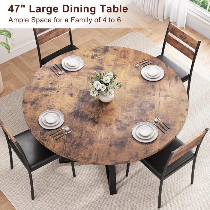 Round Dining Table for 4, Kitchen Table, Dining Table, Circle Table, Round Pedestal Dining Table, Dining Room Table, Dinner Table,Space Saving Wood Kitchen & Dining Room Tables, 47In, Rustic Brown - Image 7