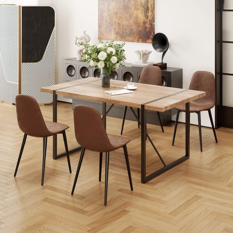Dining Table Set for 4, Modern 55'' Wood Dining Table, Fabric Dining Chairs 4,Table and Chairs Set of 4,Ideal for Kitchen Dining Room