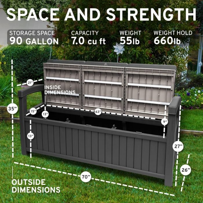 EconoHome 3 Seat Outdoor Storage Bench - 90 Gallon Capacity - Weatherproof Resin Bench for Patio, Porch, Garden, Yard, Pool Area - Furniture for Pool Accessories, Gardening Tools, Toys - Image 2