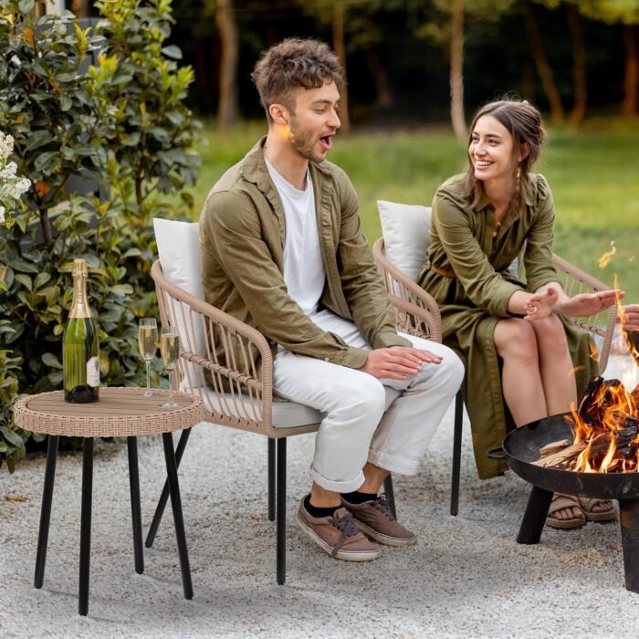 YITAHOME 3 Pieces Outdoor Wicker Patio Conversation Bistro Set, All-Weather Rattan Patio Furniture Set with Table & Cushions, Outdoor Sectional Sofa for Patio, Balcony, Backyard, Deck - Image 3