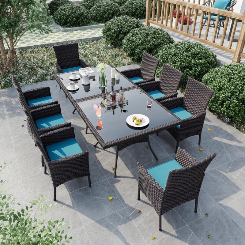 Gotland 10-Piece Indoor/Outdoor Dining Table Set, Garden Patio Rattan Set with w/Tempered Glass Tabletop with Removable Cushions and Umbrella Cutout for Patio, Backyard,8 Chairs - Blue