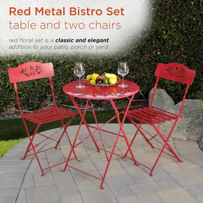 Alpine Corporation Indoor/Outdoor 3-Piece Bistro Set Folding Table and Chairs Patio Seating, Red - Image 3