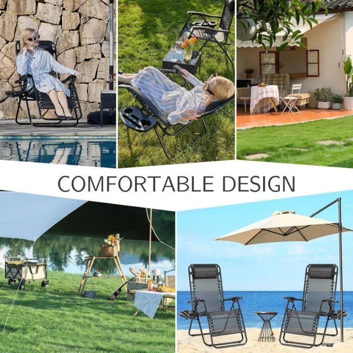 Sweetcrispy Zero Gravity Chairs, Set of 2 Portable Recliner Beach Camping Patio Outdoor Folding Lounge Chair with Cup Holder Trays and Adjustable Pillow for Poolside, Garden, Backyard, Lawn (Black) - Image 8