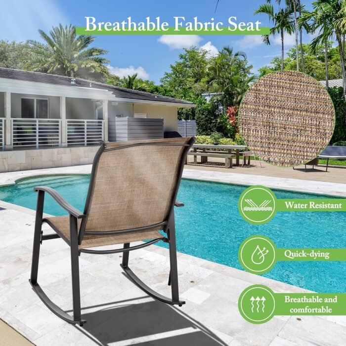 Shintenchi 3 Piece Rocking Bistro Set, Outdoor Furniture with Rocker Chairs and Glass Coffee Table Set of 3, Balcony, Porch Furniture for Small Space, Brown - Image 4