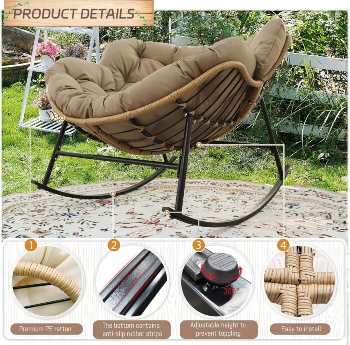 BULEXYARD Outdoor Papasan Rocking Chair with Padded Cushion, Oversized PE Rattan Comfy Royal Rocking Lounge Chair, Modern Comfy Patio Egg Chair Indoor Outdoor (1 pc, Brown) - Image 3