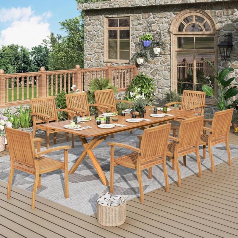 Acacia Wood Outdoor Dining Set, 9 Pieces Patio Dining Table and Chairs Set, Expandable Dining Table(1.97" Umbrella Hole) and 8 Wooden Chairs, Patio Furniture Set for Deck Poolside Backyard