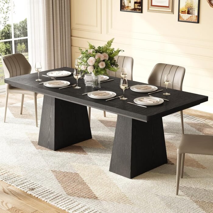LITTLE TREE Dining Table for 6 People, Wooden Dining Table, Rectangle Table with Heavy Duty Legs, Modern Dining Table for Kitchen, Dining Room, Black - Image 5